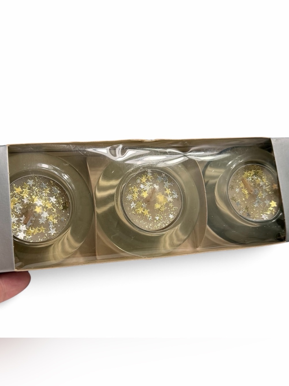 Vintage Pier 1 Imports Vanilla Star Glitter Tea Light Candles Glass Holders NOS